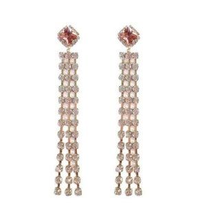 Gold Tone White Bronze Square Crystal Prong Chain Tassel Long BOHO Earrings